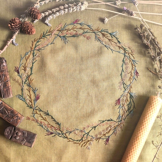 Hand Embroidered Linen Altar Cloth: green witch decor for home shrine. Green Tarot mat.
