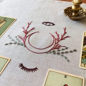 Linen altar cloth. Embroidered tarot mat.