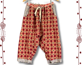Americana Stars Harem Pants || Cropped Drawstring Baggy Boho Pants || Drop Crotch Flowy Cotton Hippie Pants  || Adjustable Waist || One Size