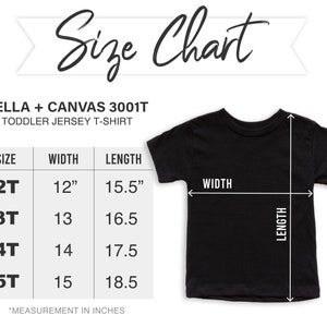 Op de afbeelding: Maattabel voor Bella + Canvas 3001T peuter jersey t-shirts. De tabel toont de breedte- en lengtemaat in inches voor maten 2T, 3T, 4T en 5T.