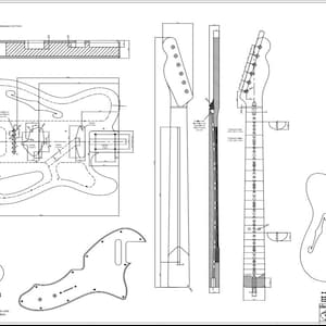1:1 Print - Tele “Thinline” Drawing / Blueprint - for guitar construction with tonewood and Fender Telecaster Plan Blueprint