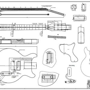 Pode incluir: Desenho técnico detalhado de uma guitarra elétrica, mostrando vários componentes e dimensões. O projeto inclui vistas do corpo, braço e fiação, com medidas em centímetros. Um guia completo para a construção ou reparação de guitarras.