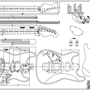 1:1 Print - PowerStrat “rear routed” Drawing / Drawing / Blueprint - for guitar construction with tonewood and Fender Telecaster Plan Blueprint