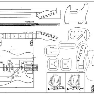 1:1 Print - &#39;53 Tele Drawing / Blueprint - for guitar construction with tonewood and Fender Telecaster Plan Blueprint