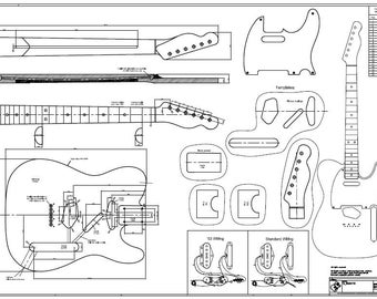 1:1 Print - '53 Tele Drawing / Drawing / Blueprint - for guitar making with tonewood w. Fender Telecaster Plan Blueprint