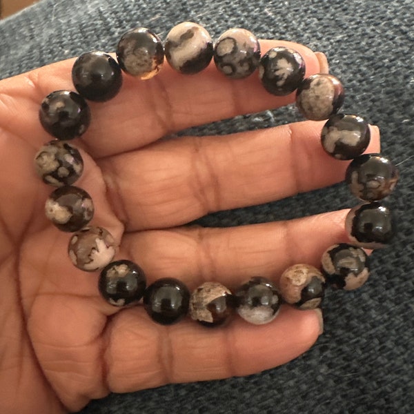 Dark Black Flower Agate 10mm Bracelet