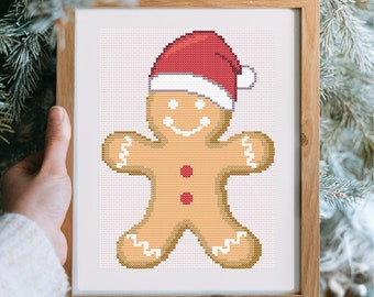 Patrón de punto de cruz navideño con gorro de Papá Noel y hombrecito de jengibre (PDF digital)