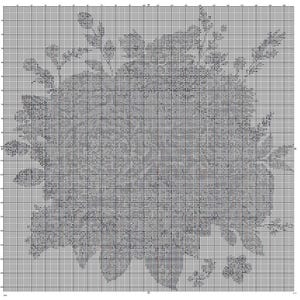 K&ouml;nnte beinhalten: Ein Kreuzstichmuster-Diagramm mit einem detaillierten Blumendesign. Das Muster ist in Grau- und Wei&szlig;t&ouml;nen gehalten, mit einem Rasterhintergrund zum einfachen Sticken. Das Design ist aufwendig und f&uuml;r Nadelarbeitsbegeisterte geeignet.