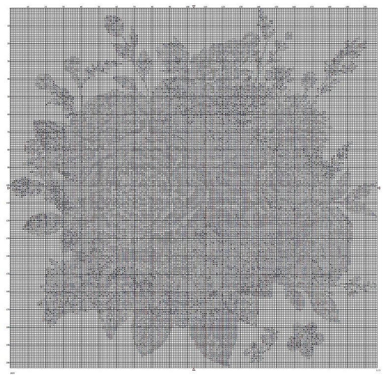 K&ouml;nnte beinhalten: Ein Kreuzstichmuster-Diagramm mit einem detaillierten Blumendesign. Das Muster ist in Grau- und Wei&szlig;t&ouml;nen gehalten, mit einem Rasterhintergrund zum einfachen Sticken. Das Design ist aufwendig und f&uuml;r Nadelarbeitsbegeisterte geeignet.