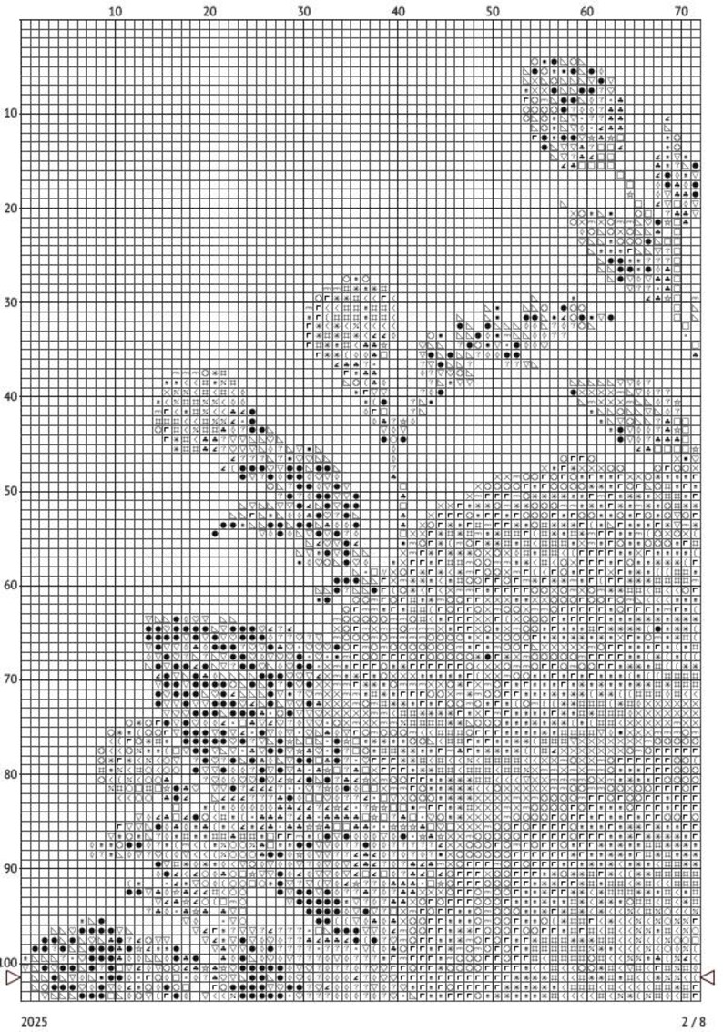 K&ouml;nnte beinhalten: Ein Kreuzstichmuster-Diagramm mit einem Rasterhintergrund. Das Design zeigt verschiedene Symbole, darunter Kreise, Dreiecke und Quadrate, in Schwarz, Grau und Wei&szlig;. Das Diagramm ist f&uuml;r ein Handarbeitsprojekt mit Zahlen an den R&auml;ndern.