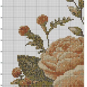 K&ouml;nnte beinhalten: Ein Kreuzstichmuster mit einem floralen Design, das eine detaillierte Rose in Pfirsich-, Beige- und Braunt&ouml;nen zeigt. Das Muster umfasst Stiele, Bl&auml;tter und Knospen in verschiedenen Gr&uuml;n- und Braunt&ouml;nen auf wei&szlig;em Hintergrund.