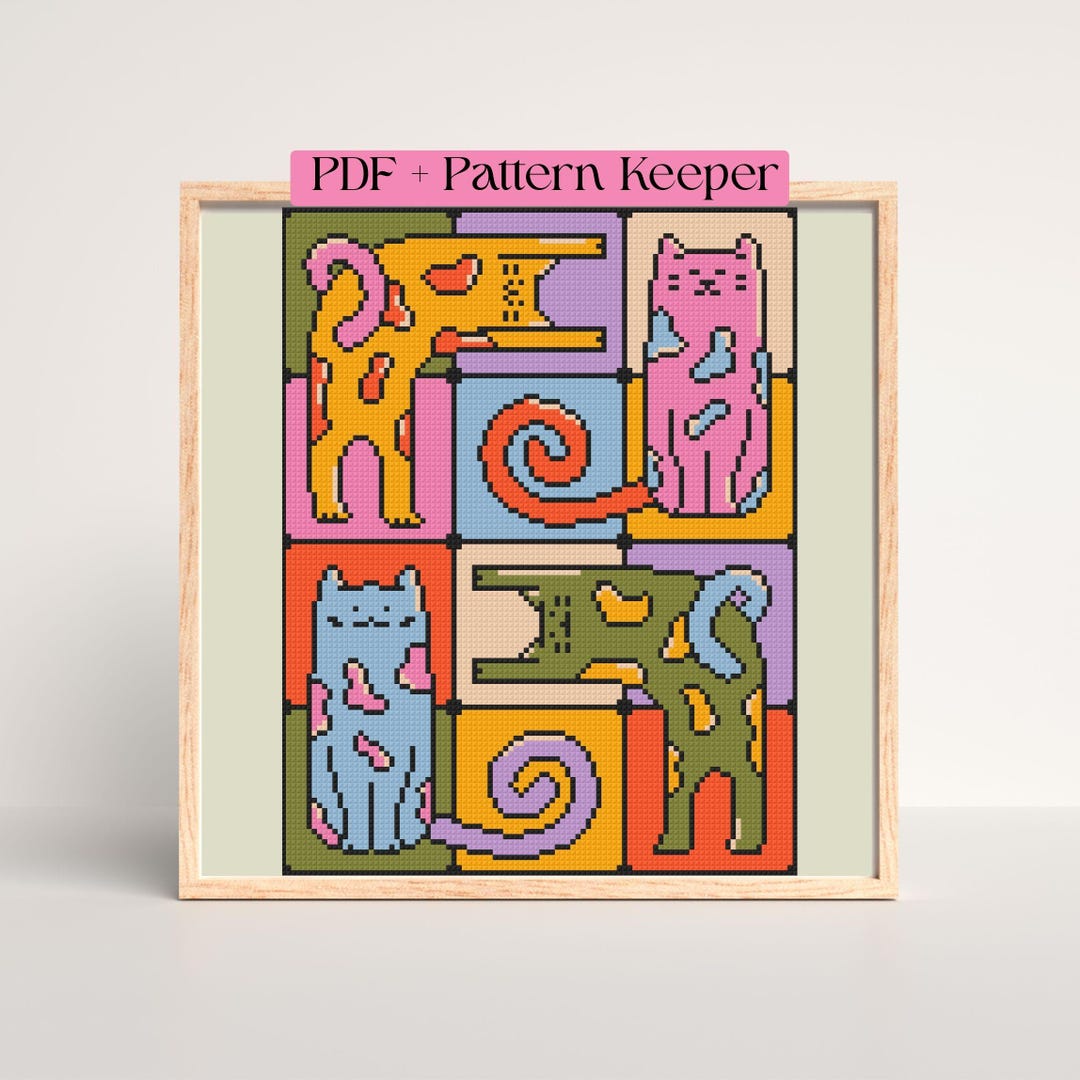 Funky Kitty Colorful Cat Cross Stitch Pattern, Modern Retro Embroidery PDF, Cute ...