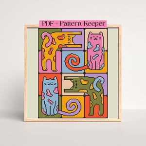 May include: A framed cross-stitch pattern featuring stylized cats in a grid. The cats are in various colors, including yellow, pink, blue, and green, with contrasting spots. The background is a mix of squares in different colors. The text "PDF + Pattern Keeper" is at the top.