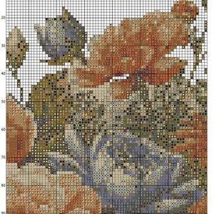 K&ouml;nnte beinhalten: Ein Kreuzstichmuster mit einem floralen Design. Das Muster verwendet Farbt&ouml;ne von Orange, Braun, Gr&uuml;n und Blau, wodurch ein detailliertes und strukturiertes Aussehen entsteht. Das Gitter ist sichtbar.