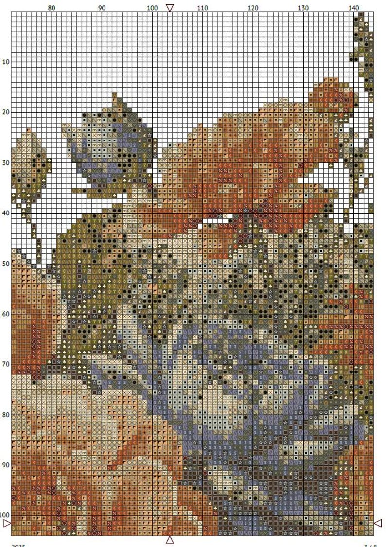 K&ouml;nnte beinhalten: Ein Kreuzstichmuster mit einem floralen Design. Das Muster verwendet Farbt&ouml;ne von Orange, Braun, Gr&uuml;n und Blau, wodurch ein detailliertes und strukturiertes Aussehen entsteht. Das Gitter ist sichtbar.