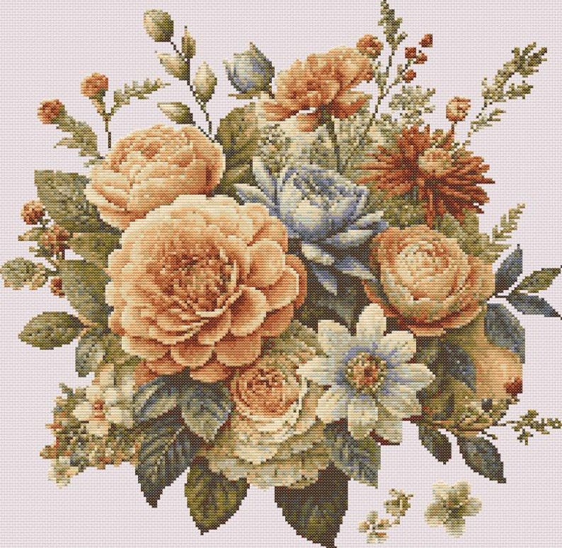 K&ouml;nnte beinhalten: Ein Kreuzstich-Blumenmuster mit einem Strau&szlig; aus Rosen, Dahlien und anderen Blumen in Pfirsich-, Blau- und Gr&uuml;nt&ouml;nen. Die detaillierte Nadelarbeit erzeugt eine Vintage-&Auml;sthetik, ideal f&uuml;r Heimdekoration oder Bastelprojekte.