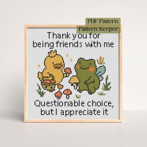 May include: Framed cross-stitch artwork with a yellow duck and green frog design, surrounded by mushrooms. The text reads: "Thank you for being friends with me. Questionable choice, but I appreciate it." Includes "PDF Pattern" and "Pattern Keeper" text.
