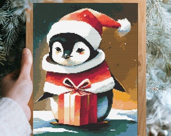 Santa Penguin Cross Stitch Pattern, Christmas Animal Design (PDF)