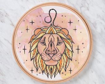 Lion, signe du zodiaque, point de croix, modèle numérique PDF
