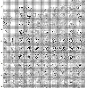 K&ouml;nnte beinhalten: Eine detaillierte Kreuzstich-Mustertabelle mit einem Raster aus Quadraten, gef&uuml;llt mit verschiedenen Symbolen in Schwarz und Wei&szlig;. Die Tabelle ist mit Zahlen und Symbolen an den R&auml;ndern beschriftet, die Reihen und Spalten zum Sticken angeben. Die untere rechte Ecke zeigt "3/8".