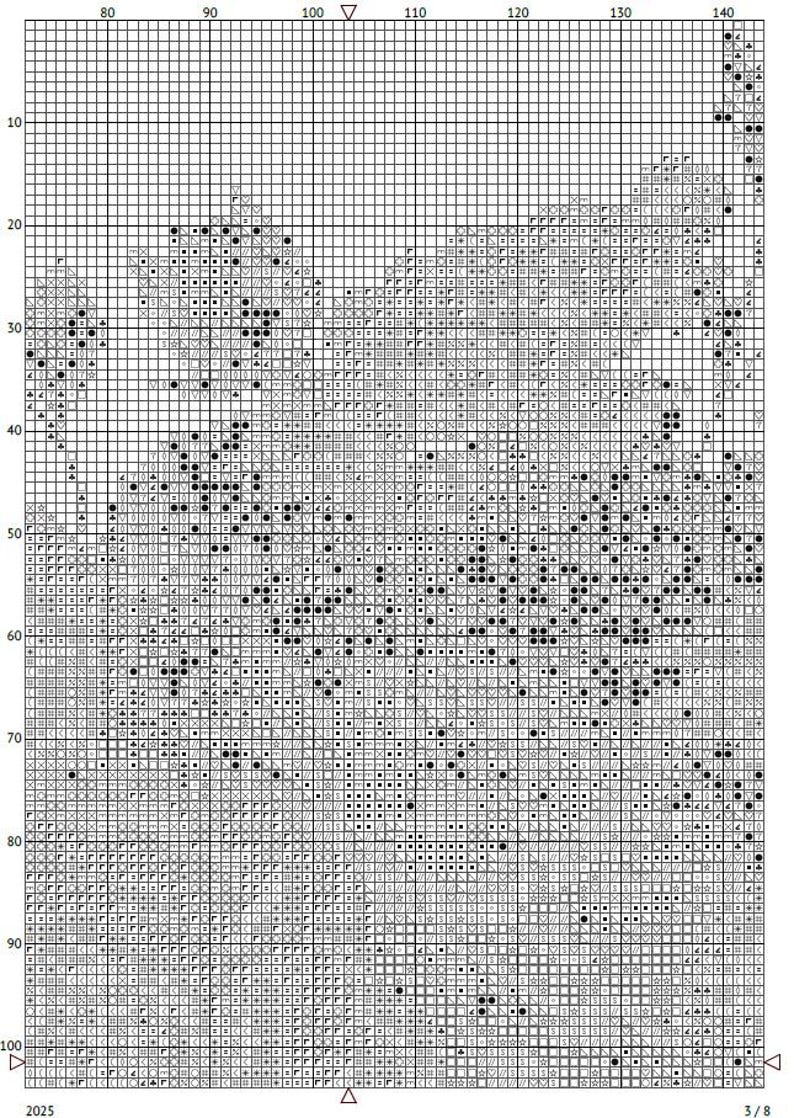 K&ouml;nnte beinhalten: Eine detaillierte Kreuzstich-Mustertabelle mit einem Raster aus Quadraten, gef&uuml;llt mit verschiedenen Symbolen in Schwarz und Wei&szlig;. Die Tabelle ist mit Zahlen und Symbolen an den R&auml;ndern beschriftet, die Reihen und Spalten zum Sticken angeben. Die untere rechte Ecke zeigt "3/8".