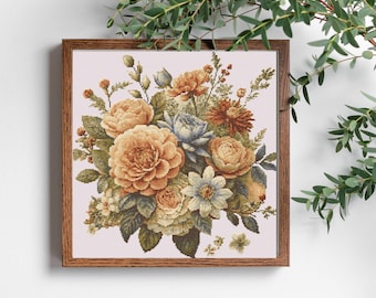 Vintage Kreuzstichmuster mit Blumenmuster, Psychedelischer Blumenstrauß (PDF-Muster)