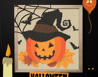 Schema punto croce zucca spettrale di Halloween in PDF digitale