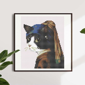 Cat with Pearl Earring Cute Cross Stitch Pattern Digital PDF