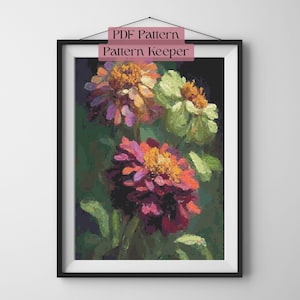 Zinnia Bouquet Cross Stitch Pattern – Painterly Botanical PDF (Digital Download)