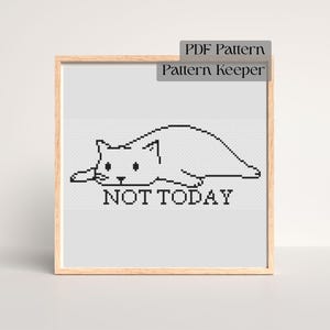 May include: A framed cross-stitch design featuring a lazy cat with the words "NOT TODAY" below. The cat is black and white, and the frame is light brown. The text "PDF Pattern Pattern Keeper" is above the image.