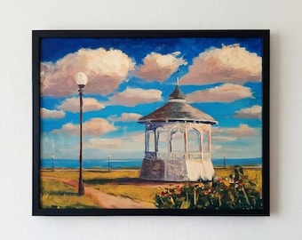 Original Canvas Painting, Oak Bluffs Gazebo, Martha's Vineyard Art, Framed Home Decor
