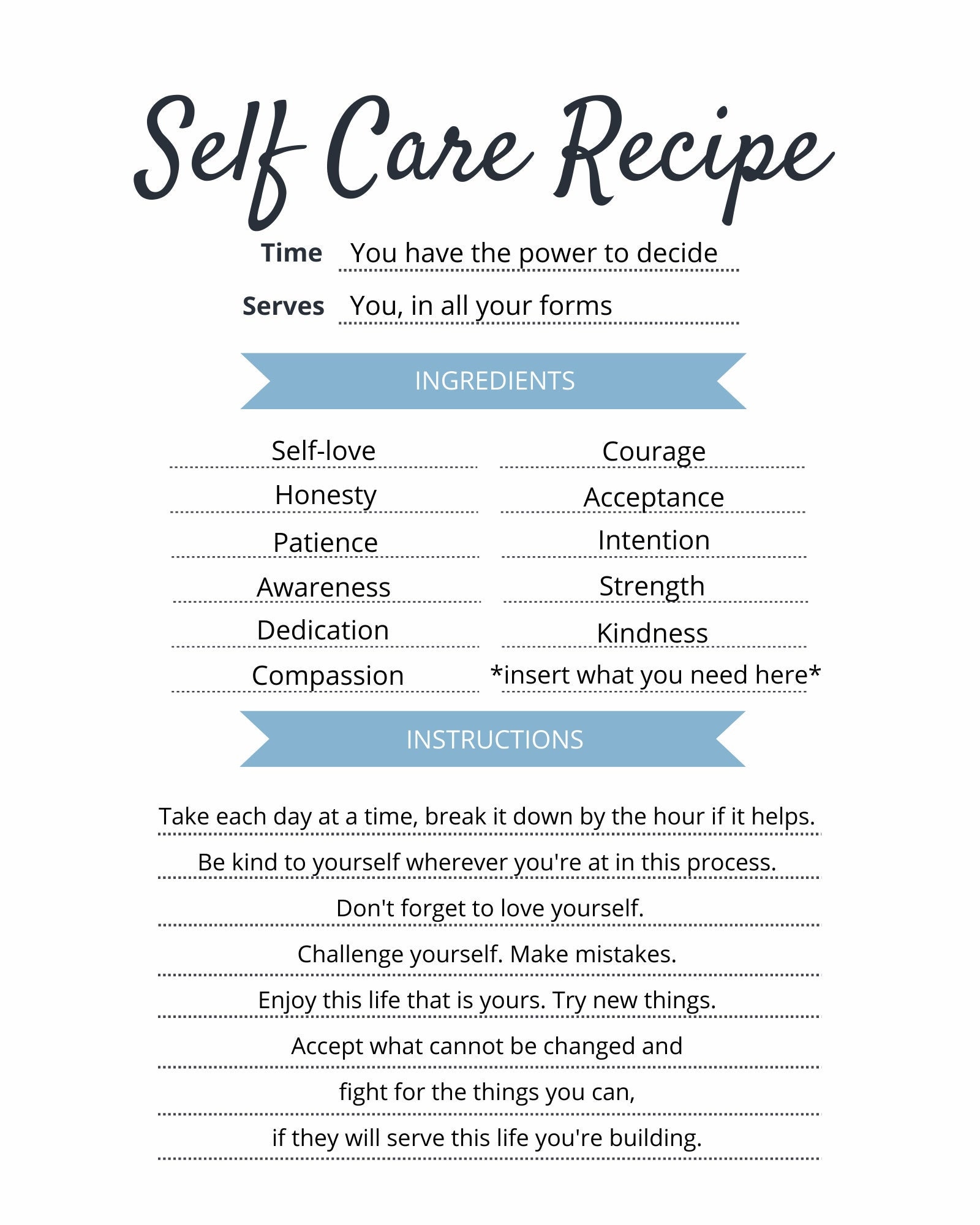 Selfcare Recipe Card Digital Print / Art by a Therapist / Mental