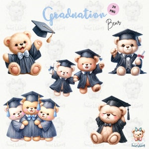 Süßer Abschluss Bär Aquarell Clipart, Vorschule, Schule, Universität graduierter Teddybär PNG für Karten, Scrapbook - Kommerzielle Nutzung