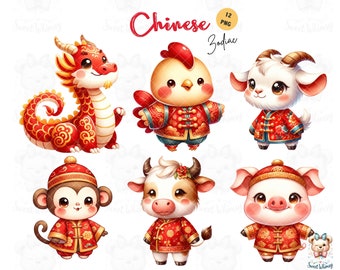 Cute Chinese Zodiac Animals Watercolor Clipart, Chinese Animal Calendar, Chinese New Year, Lunar New Year Graphic PNG, Commercial Use
