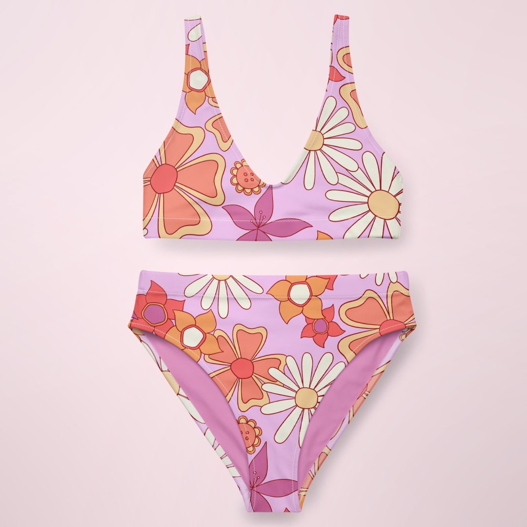 Retro Floral Bikini Set 70s Groovy Swimsuit Hand Drawn Etsy