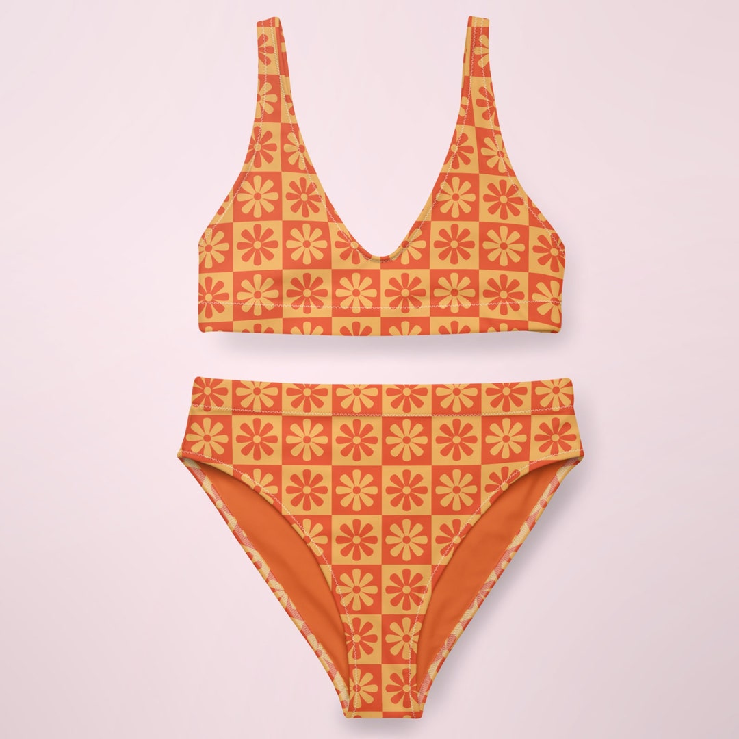 Retro Floral Bikini 70s Groovy High Waist Bikini Set Orange - Etsy