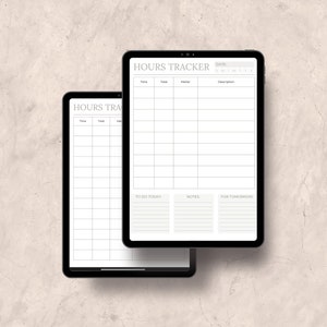 Könnte beinhalten: Zwei digitale Planer auf einem beigefarbenen Hintergrund. Der obere Planer ist geöffnet und zeigt einen Wochenplan mit den Wochentagen beschriftet. Der untere Planer ist geschlossen und zeigt den Titel "HOURS TRACKER".