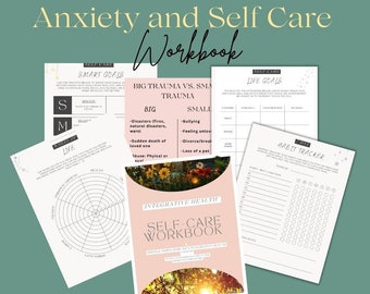 anxiety worksheets printables, stress management workbook, self care workbook, self care worksheets, brain dump, mental health tracker