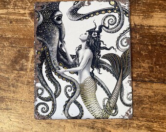 Mermaid octopus sea -  metal sign plaque - sea bathroom 3