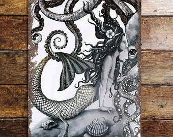 Mermaid octopus kissing -  metal sign plaque - sea bathroom