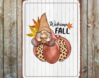 Welcome fall gnomes gonks autumn circle metal sign
