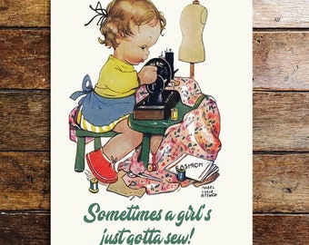 Young girl sewing machine vintage metal sign plaque