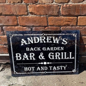 Personalised back garden bar and grill bbq metal wall sign