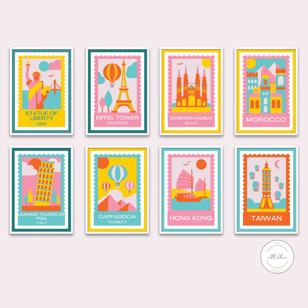 Set of 8 Preppy Travel Posters PRINTABLE, Preppy Room Decor, Maximalist Wall Art, France Spain ...