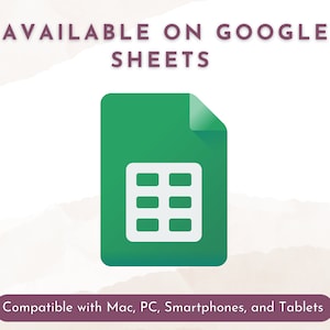 K&ouml;nnte beinhalten: Gr&uuml;nes Google Sheets-Symbol mit einem wei&szlig;en Raster, der Text lautet "AVAILABLE ON GOOGLE SHEETS" und "Kompatibel mit Mac, PC, Smartphones und Tablets".