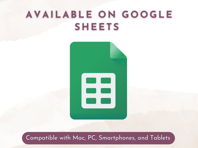 K&ouml;nnte beinhalten: Gr&uuml;nes Google Sheets-Symbol mit einem wei&szlig;en Raster, der Text lautet "AVAILABLE ON GOOGLE SHEETS" und "Kompatibel mit Mac, PC, Smartphones und Tablets".