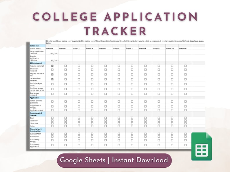 K&ouml;nnte beinhalten: Eine druckbare College-Bewerbungs-Tracker-Tabelle im Google Sheets-Format. Die Tabelle enth&auml;lt Spalten f&uuml;r den Schulnamen, die Bewerbungsfristen und eine Checkliste der Aufgaben, die f&uuml;r jede Schule zu erledigen sind.