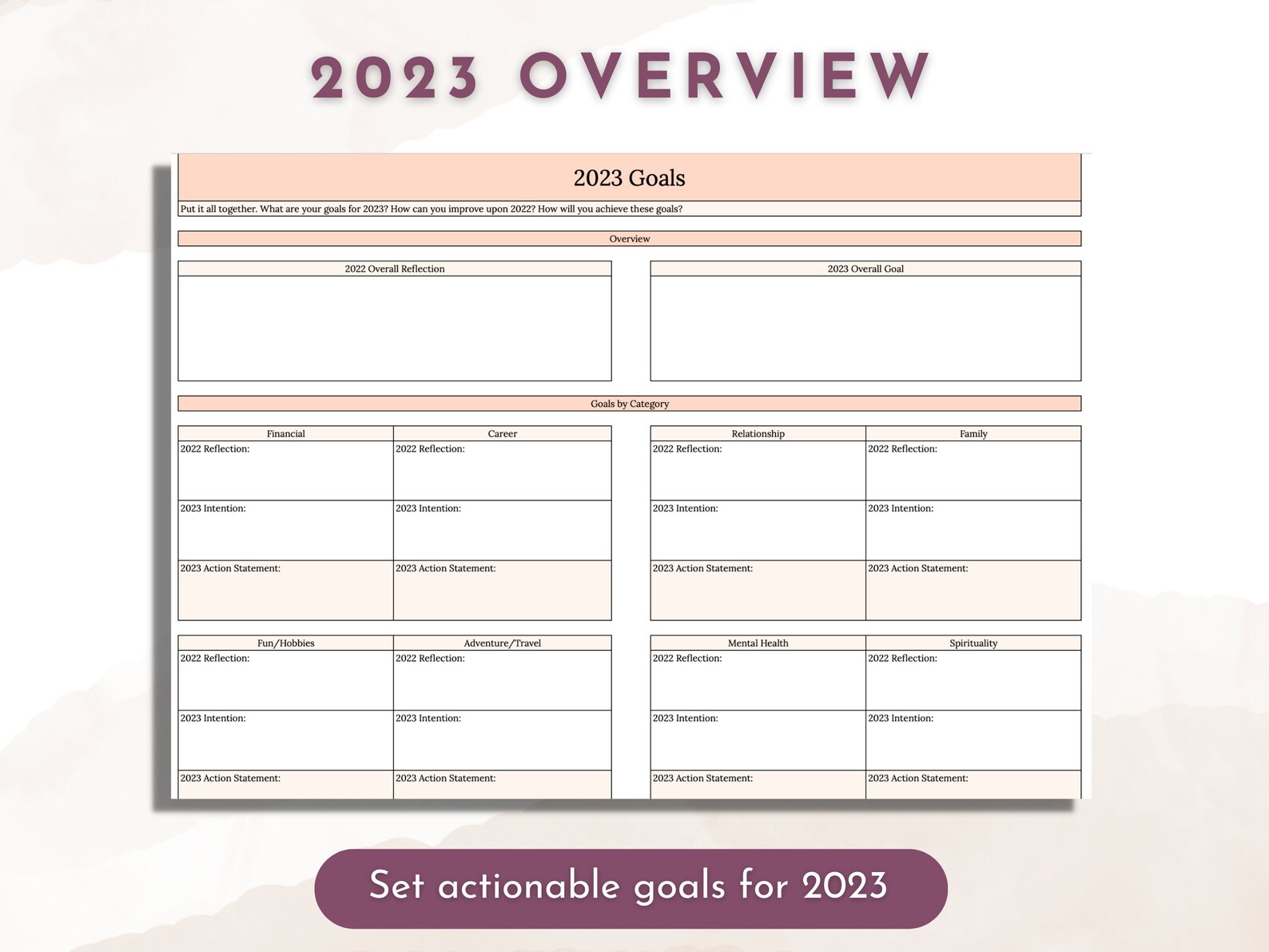 2023 Yearly Goal Setting Worksheet Workbook Spreadsheet Google Sheets