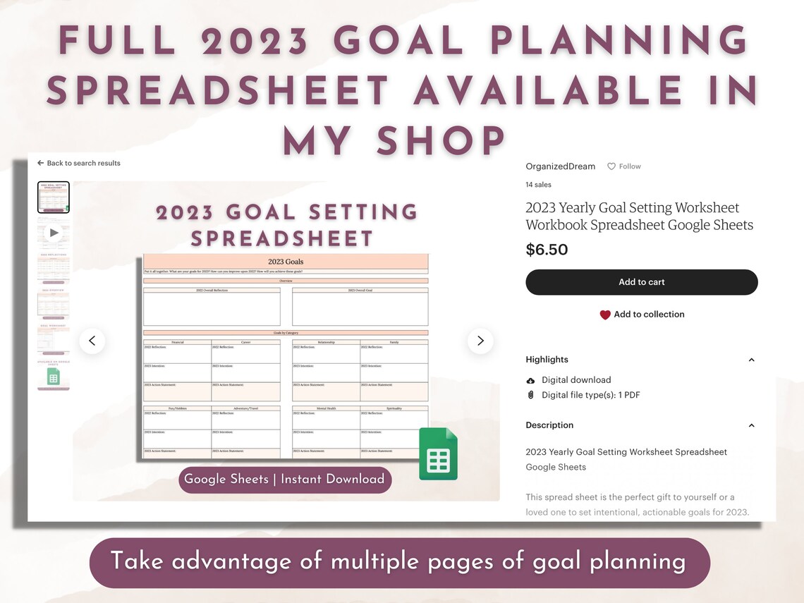 2023 Goal Setting Spreadsheet Worksheet Google Sheets Goal Planning Etsy