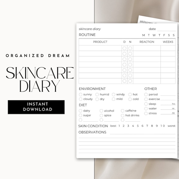 Skincare Diary Digital Download | Rosacea, Acne, Eczema Skincare Journal | For Dermatologists, Estheticians